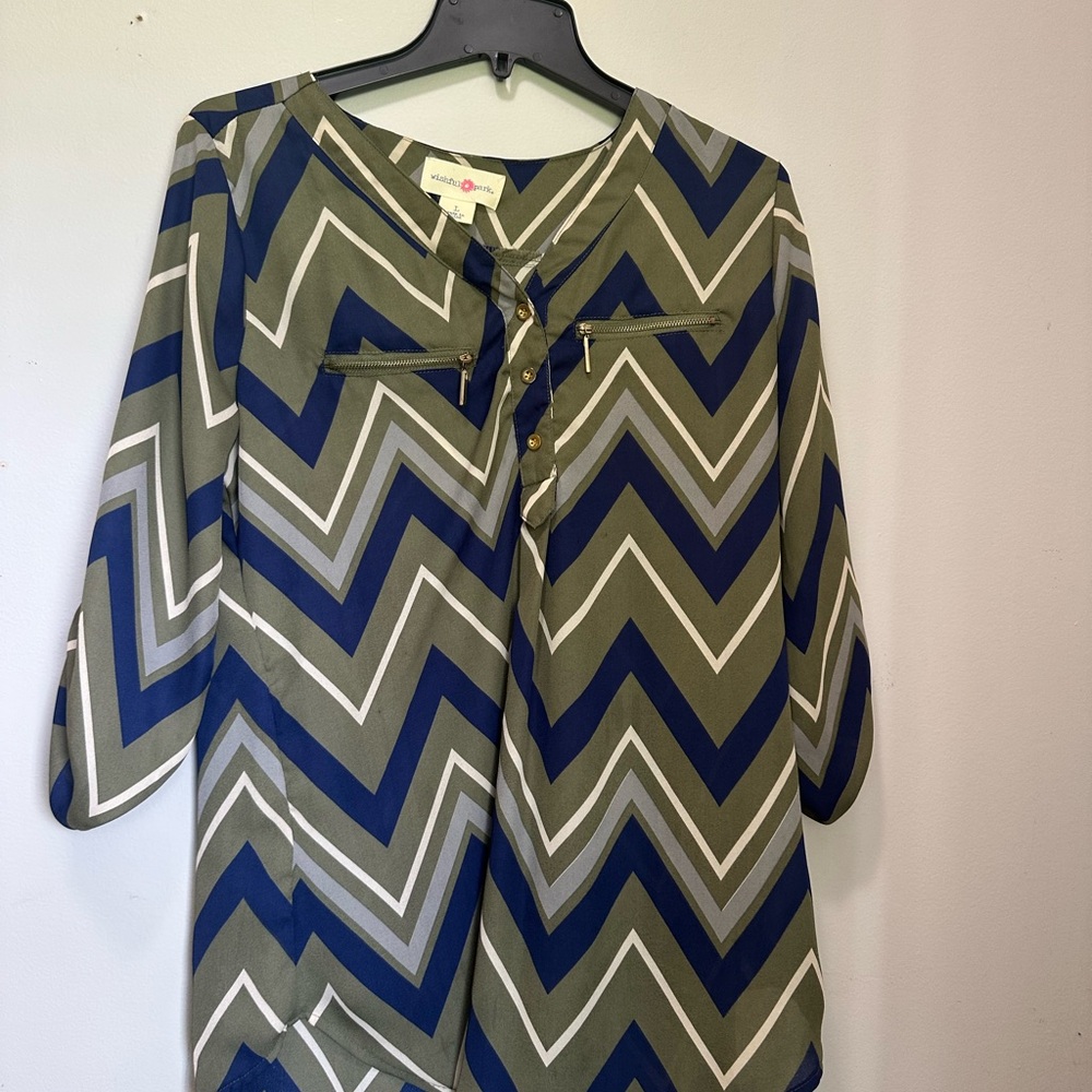 Wishful Park Blue and Green Tie Front Blouse with Mandarin CollarTop